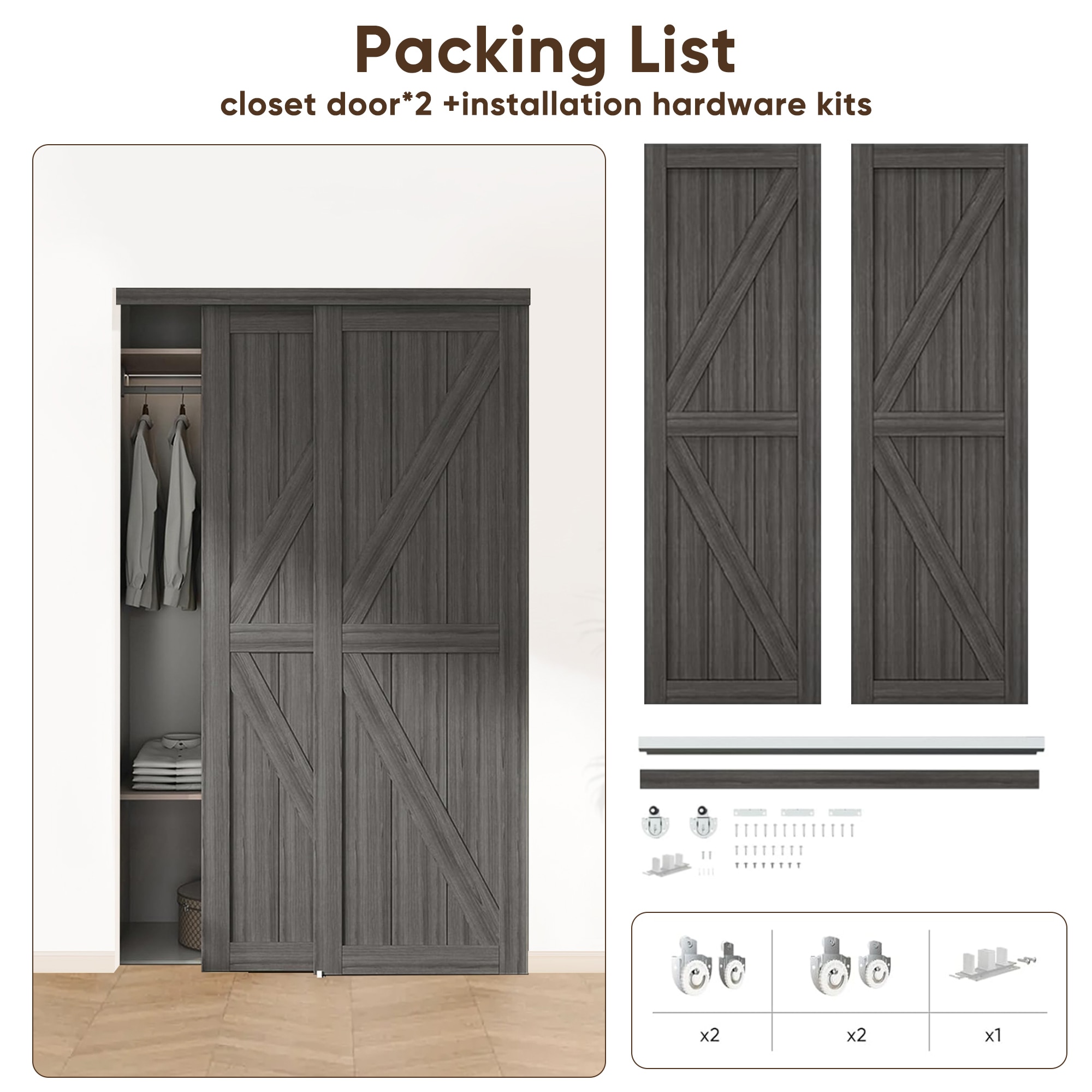 JUBEST 48"(Double 25") X80" Sliding Closet Door, K Style Bypass Closet Door With Hardware Kit & Matching Fascia, Preassembled Solid Wood Slab With Water-Proof PVC Surface, Easy To Install, White_voghion.com